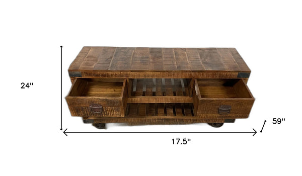 Homeroots 18" Brown And Black Solid Wood Distressed Wheel Console Table With Shelves And Drawers   387800