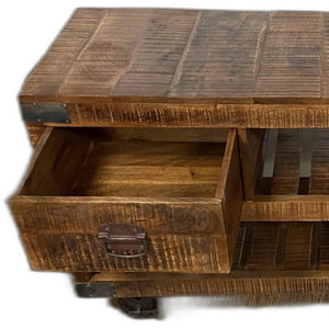 Homeroots 18" Brown And Black Solid Wood Distressed Wheel Console Table With Shelves And Drawers   387800