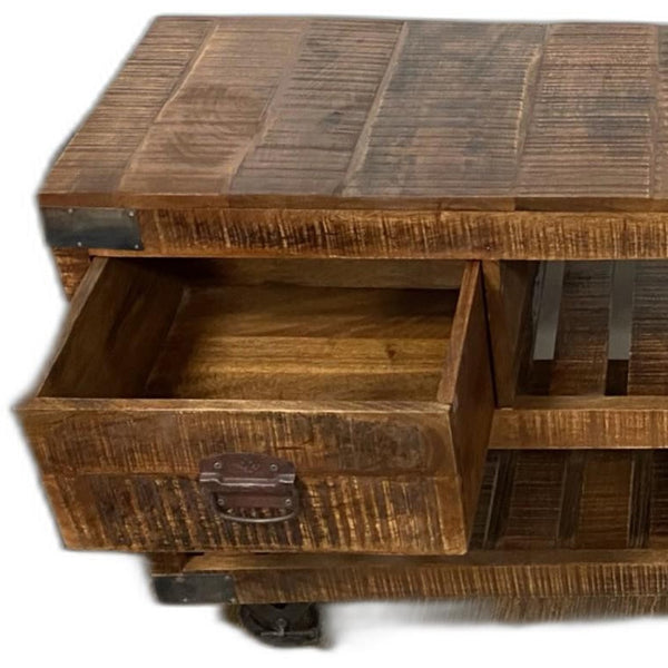 Homeroots 18" Brown And Black Solid Wood Distressed Wheel Console Table With Shelves And Drawers   387800