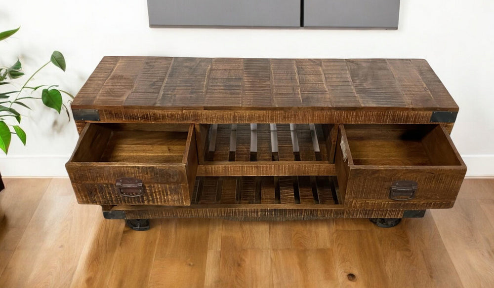 Homeroots 18" Brown And Black Solid Wood Distressed Wheel Console Table With Shelves And Drawers   387800