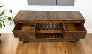 Homeroots 18" Brown And Black Solid Wood Distressed Wheel Console Table With Shelves And Drawers   387800