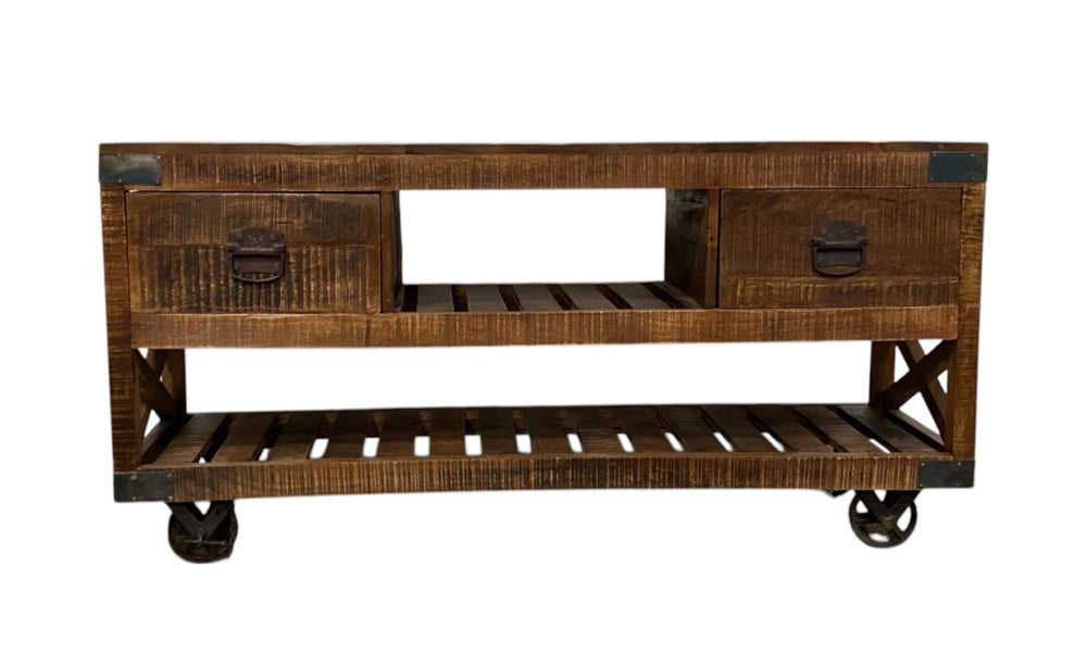 HomeRoots 18" Rustic Brown and Black Solid Wood Console Table with Wheels, Drawers, and Open Shelves for Storage 387800