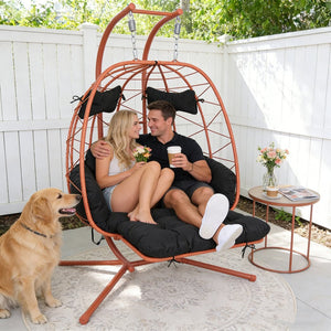 English Elm 2 Person Wicker Hanging Egg Chair with Stand Padded Swing for Patio or Garden T5880P500223