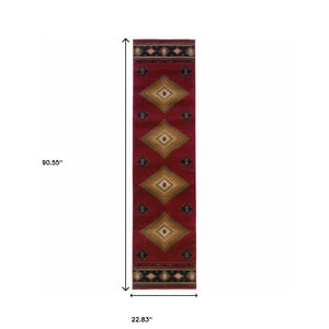 Homeroots 2' X 8' Red And Beige Ikat Pattern Runner Rug Red,Green Polypropylene 387932