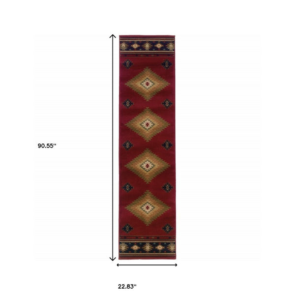Homeroots 2' X 8' Red And Beige Ikat Pattern Runner Rug Red,Green Polypropylene 387932
