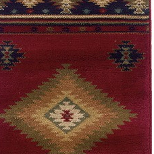 Homeroots 2' X 8' Red And Beige Ikat Pattern Runner Rug Red,Green Polypropylene 387932