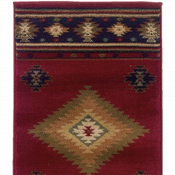 Homeroots 2' X 8' Red And Beige Ikat Pattern Runner Rug Red,Green Polypropylene 387932