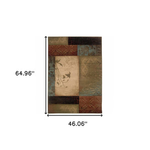 HomeRoots 4' Beige and Brown Floral Block Area Rug - Elegant Design for Living Spaces, Durable & Easy Care 3'10" x 5'5" 387937