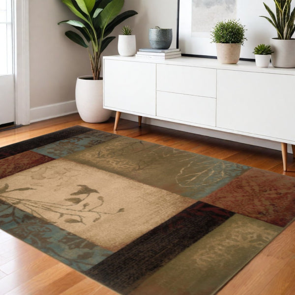 HomeRoots 4' Beige and Brown Floral Block Area Rug - Elegant Design for Living Spaces, Durable & Easy Care 3'10" x 5'5" 387937