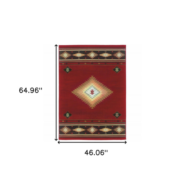Homeroots 4' X 6' Red And Beige Ikat Pattern Area Rug Red,Green Polypropylene 387938