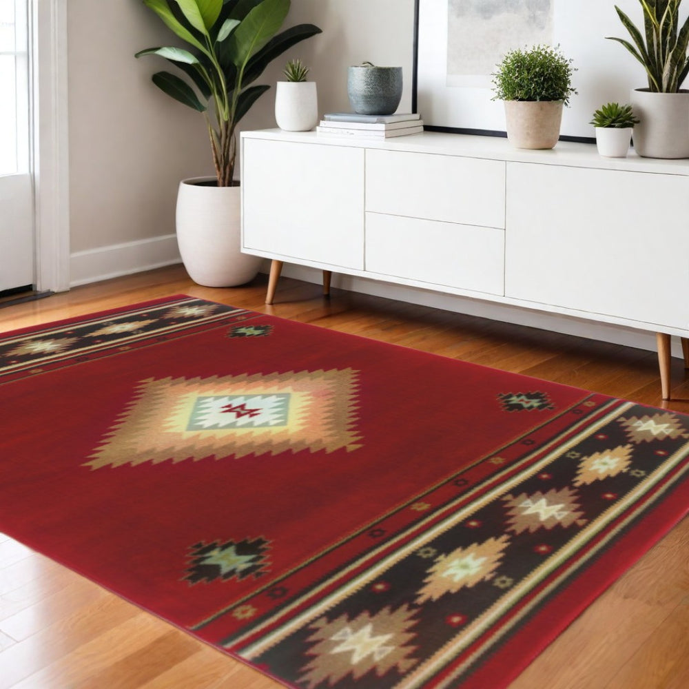 HomeRoots 4' Bold Red and Beige Ikat Pattern Area Rug - Bohemian Charm, Durable, Stain Resistant, Cozy Style 4' X 6' Rectangle 387938