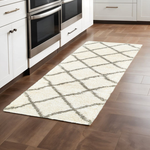 HomeRoots 2' Elegant Ivory and Gray Geometric Lattice Runner Rug - Durable, Soft, Stylish for High-Traffic Areas Ivory/ Grey 2'3" x 7'6" 387943