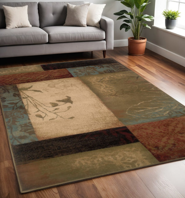 HomeRoots 4' Beige and Brown Floral Block Area Rug - Elegant Design for Living Spaces, Durable & Easy Care 5'3" x 7'6" 387958