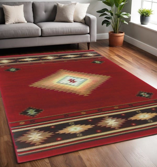 HomeRoots 4' Bold Red and Beige Ikat Pattern Area Rug - Bohemian Charm, Durable, Stain Resistant, Cozy Style 5' X 8' Rectangle 387959