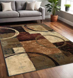 HomeRoots 4' Geometric Abstract Area Rug in Brown and Black - Modern Design, Stain-Resistant, USA Made 5' X 8' Rectangle 387960