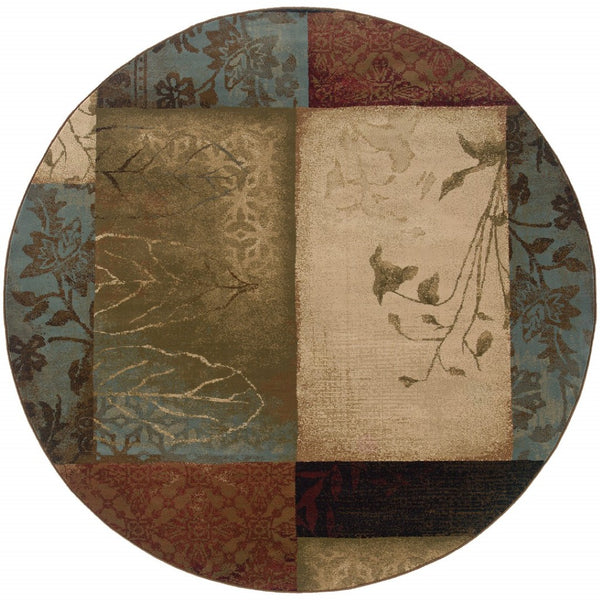 HomeRoots 4' Beige and Brown Floral Block Area Rug - Elegant Design for Living Spaces, Durable & Easy Care 7'8" Round 387971
