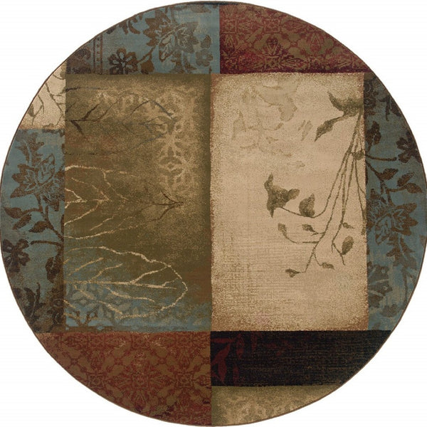 HomeRoots 4' Beige and Brown Floral Block Area Rug - Elegant Design for Living Spaces, Durable & Easy Care 7'8" Round 387971