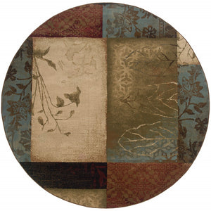 HomeRoots 4' Beige and Brown Floral Block Area Rug - Elegant Design for Living Spaces, Durable & Easy Care 7'8" Round 387971