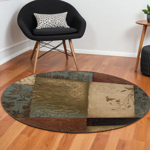HomeRoots 4' Beige and Brown Floral Block Area Rug - Elegant Design for Living Spaces, Durable & Easy Care 7'8" Round 387971