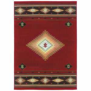 Homeroots 7' X 10' Red And Beige Ikat Pattern Area Rug Red,Green Polypropylene 387972