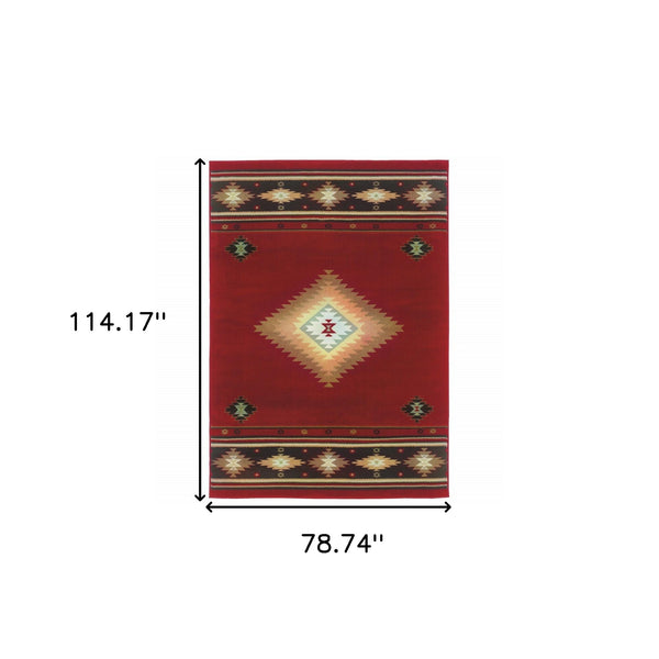 Homeroots 7' X 10' Red And Beige Ikat Pattern Area Rug Red,Green Polypropylene 387972