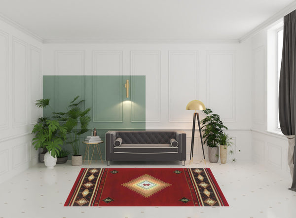 Homeroots 7' X 10' Red And Beige Ikat Pattern Area Rug Red,Green Polypropylene 387972