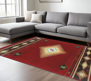 HomeRoots 4' Bold Red and Beige Ikat Pattern Area Rug - Bohemian Charm, Durable, Stain Resistant, Cozy Style 7' X 10' Rectangle 387972
