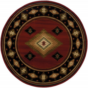Homeroots 8’ Round Red And Beige Ikat Pattern Area Rug Red,Green Polypropylene 387973