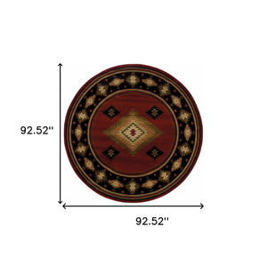 Homeroots 8’ Round Red And Beige Ikat Pattern Area Rug Red,Green Polypropylene 387973