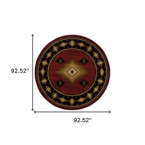 Homeroots 8’ Round Red And Beige Ikat Pattern Area Rug Red,Green Polypropylene 387973