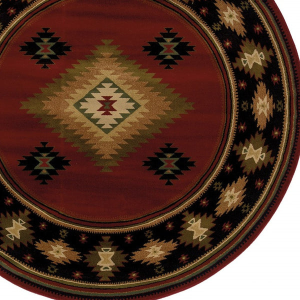 Homeroots 8’ Round Red And Beige Ikat Pattern Area Rug Red,Green Polypropylene 387973