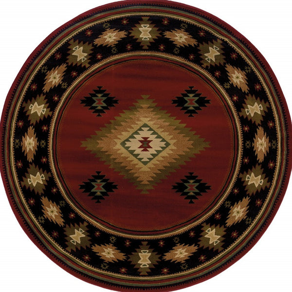 Homeroots 8’ Round Red And Beige Ikat Pattern Area Rug Red,Green Polypropylene 387973