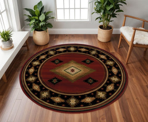 HomeRoots 4' Bold Red and Beige Ikat Pattern Area Rug - Bohemian Charm, Durable, Stain Resistant, Cozy Style 8' Round Round 387973