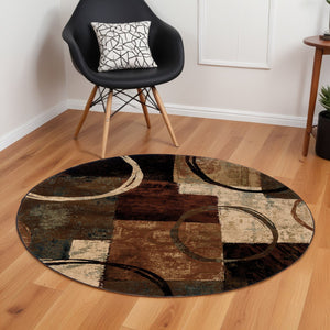 Homeroots 8’ Round Brown And Black Abstract Geometric Area Rug  Polypropylene 387975