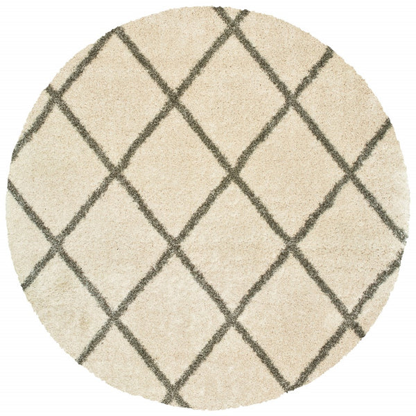 Homeroots 8’ Round Ivory And Gray Geometric Lattice Area Rug Ivory,Grey Polypropylene 387983