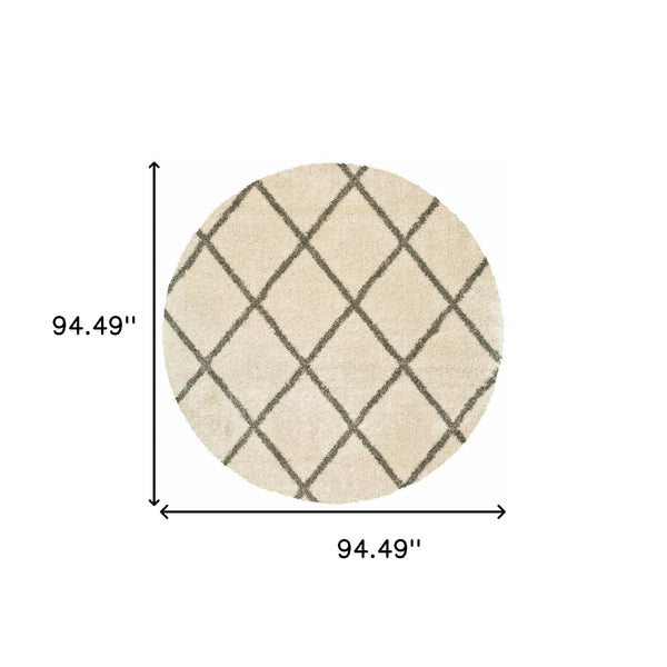 Homeroots 8’ Round Ivory And Gray Geometric Lattice Area Rug Ivory,Grey Polypropylene 387983