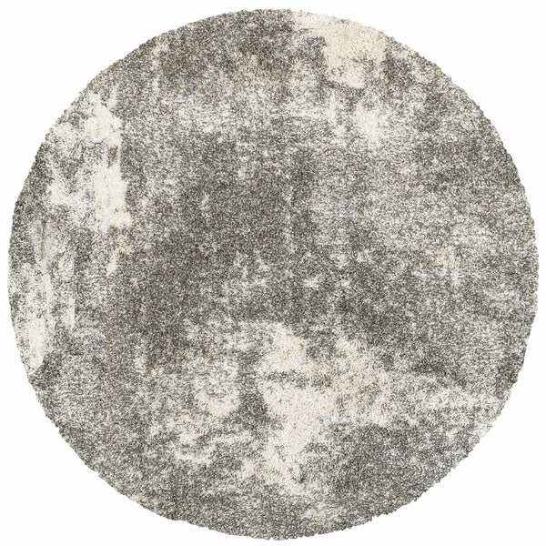 Homeroots 8' Round Gray And Ivory Distressed Abstract Area Rug Grey,Ivory Polypropylene 387985