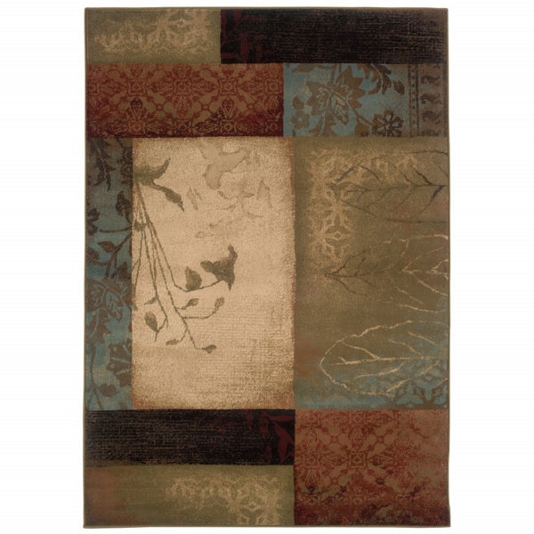 HomeRoots 4' Beige and Brown Floral Block Area Rug - Elegant Design for Living Spaces, Durable & Easy Care 7'8" x 10'10" 387988
