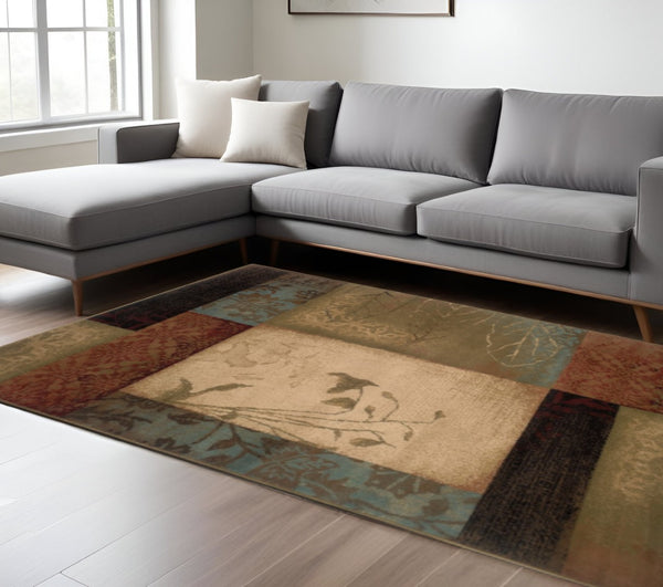 HomeRoots 4' Beige and Brown Floral Block Area Rug - Elegant Design for Living Spaces, Durable & Easy Care 7'8" x 10'10" 387988