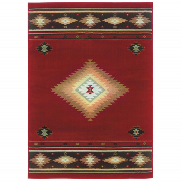 Homeroots 8' X 11' Red And Beige Ikat Pattern Area Rug Red,Green Polypropylene 387989