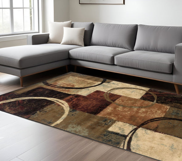 HomeRoots 4' Geometric Abstract Area Rug in Brown and Black - Modern Design, Stain-Resistant, USA Made 8' X 11' Rectangle 387990