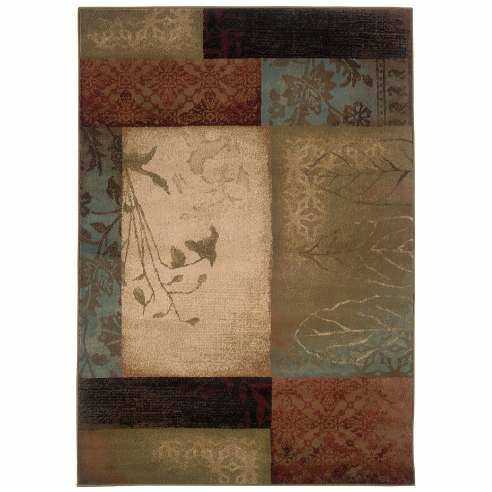 HomeRoots 4' Beige and Brown Floral Block Area Rug - Elegant Design for Living Spaces, Durable & Easy Care 10' x 13' 387997