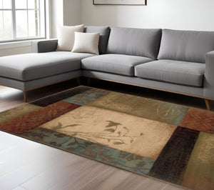 HomeRoots 4' Beige and Brown Floral Block Area Rug - Elegant Design for Living Spaces, Durable & Easy Care 10' x 13' 387997