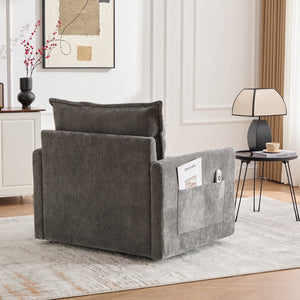 English Elm UNITED Swivel Barrel Chair with Chenille Upholstery, 360° Smooth Rotation, Padded Arm Comfort and Side Pockets for Living Room Relaxation Gray W1568P290087