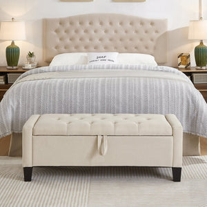 English Elm Ottoman Storage Bench Tufted Linen Upholstered Entryway Seat with Lift Top Shelf Beige W2186P465442