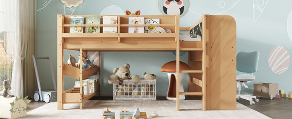 English Elm Twin Low Loft Bed Solid Pine Frame Kids Study Desk Blackboard Storage White W1580S00571
