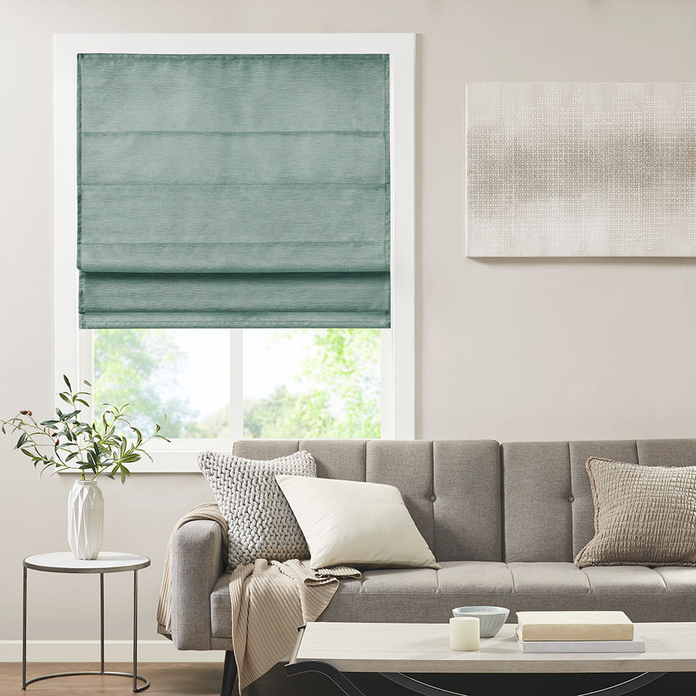 JLA Home Madison Park - Printed Faux Silk Cordless Roman Shade with Thermal Foam Backing, OEKO‑TEX Tested Room‑Darkening Privacy and Energy Savings 31 L x 64 W x 0.13H MP40-7938