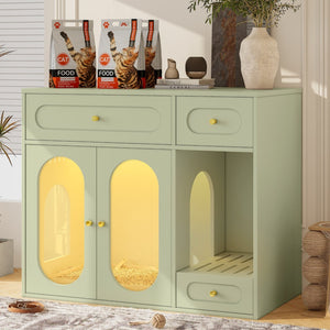 English Elm Cat Litter Box Cabinet with Led Lighting Acrylic Doors and Drawer Storage End Table Green N704P402444F