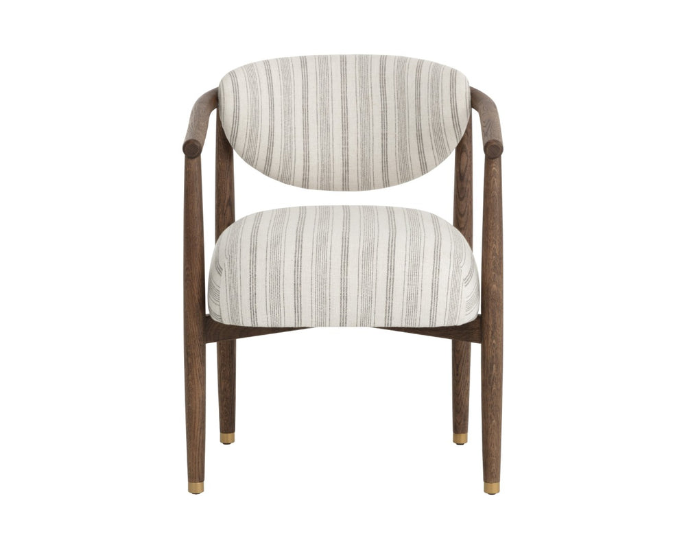 Sunpan SIGRID Dining Armchair - Antique Brown Gifford Script Fabric, Elegant Dark Oak Frame & Steel Accents 112630