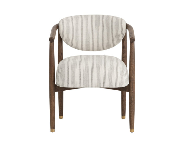 Sunpan SIGRID Dining Armchair - Antique Brown Gifford Script Fabric, Elegant Dark Oak Frame & Steel Accents 112630